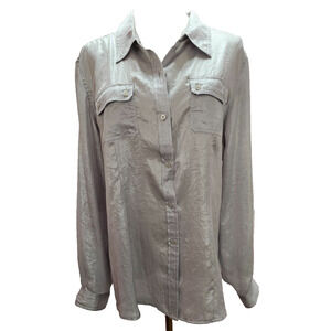 Calvin Klein Women Silver Long Sleeve Blouse Large L Roll Tab Shimmery‎